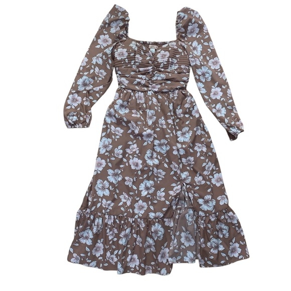 Band of the Free Brown Floral Midi Dress Size Small Bohemian Boho Long Sleeves - Picture 1 of 7
